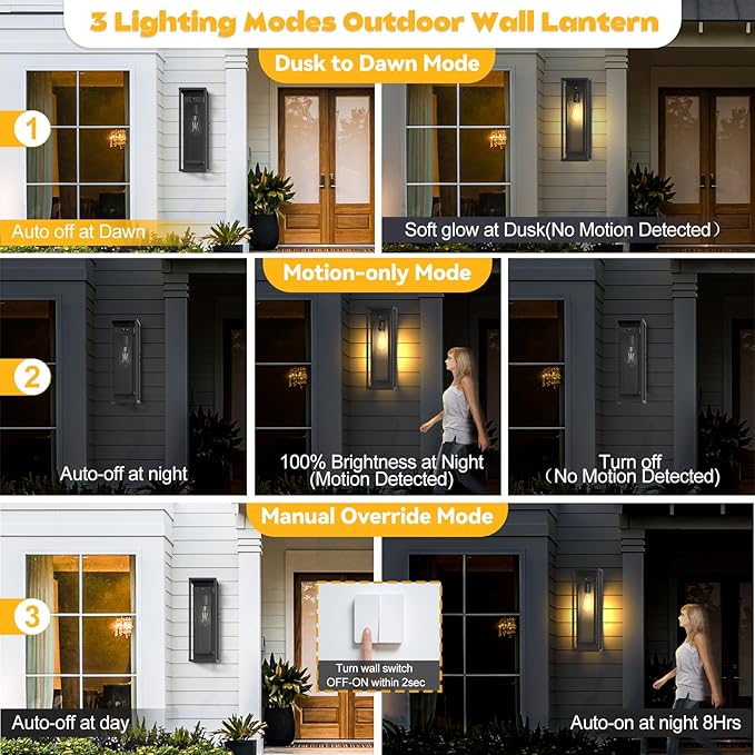 Motion Sensor Outdoor Wall Light 2Pack-15in Modern Dusk to Dawn Porch Sconce Wall Mounted Waterproof Exterior Lighting Fixture E26 Black Lantern for Outside House Garage Entryway