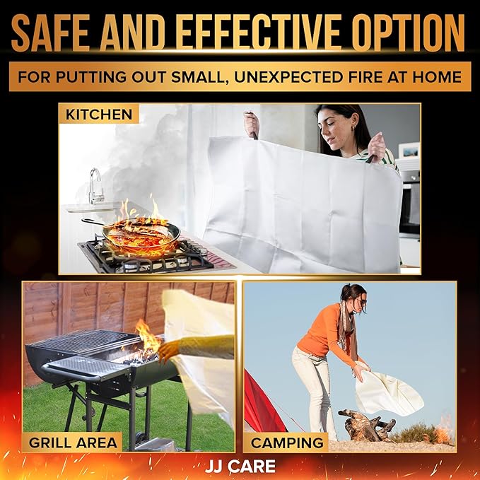 JJ CARE Fire Blanket – (Large) 4.9x4.9ft with Hooks & Gloves, Fire Blankets Emergency for Home and Kitchen, High Heat Resistant and Flame Protection for Kitchen, Car, Office, Camping & Home Safety