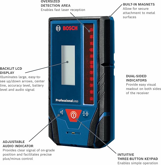 BOSCH LR10 500 Ft Red-Beam Rotary Laser Receiver, Includes Mounting Bracket & 9V Battery