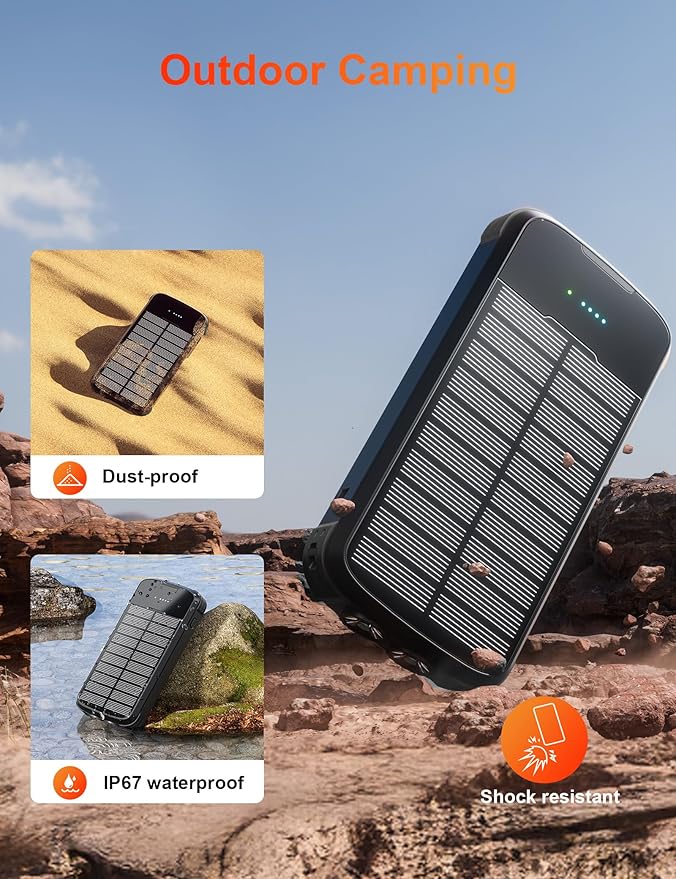 Solar Charger Power Bank, 40000mAh Portable Phone Charger Built in 4 Cables with USB C in/Output, PD 20W Fast Charging Portable Charger, External Battery Pack with Dual Bright Flashlights