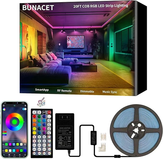 COB RGB LED Strip Lights, Bright 20ft RGB COB LED Lights for Game Room Bedroom Kitchen Lighting Home Decor LED Light Strip with 44 Keys Remote Smart App Control Music Sync Color Changing