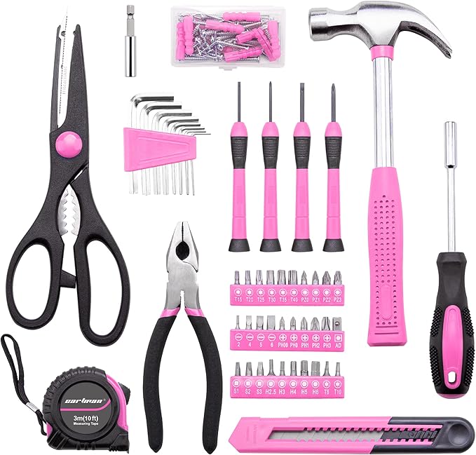 CARTMAN 126-Piece Home Tool Set Kit, Basic Household Hand Tools with Storage Case, Pink
