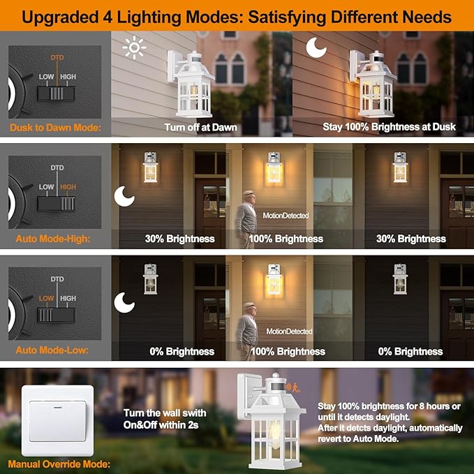 White Motion Sensor Outdoor Porch Lights Upgraded, Anti-Rust Aluminum Wall Mounted Light Fixtures Coastal Exterior Lights Wall Lantern Sconces Dusk to Dawn Outdoor Lighting, ETL Certified