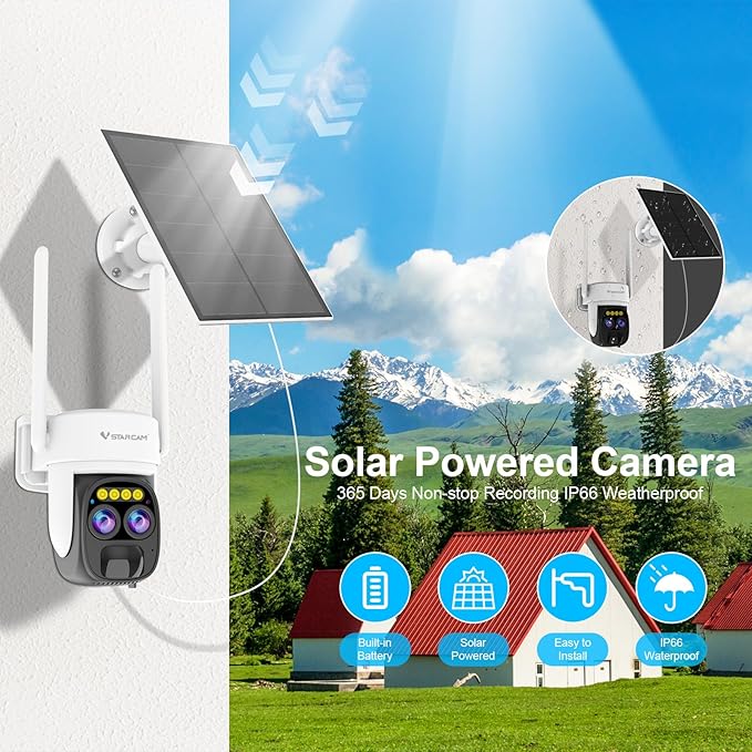 VSTARCAM Solar Camera Outdoor Wireless No Subscription, Dual Cameras, 2K UHD with 10× Zoom, 100% Wire-Free with Battery Powered, 360° Panoramic View, PIR Motion Detection, Siren, 2-Way Audio,IP66