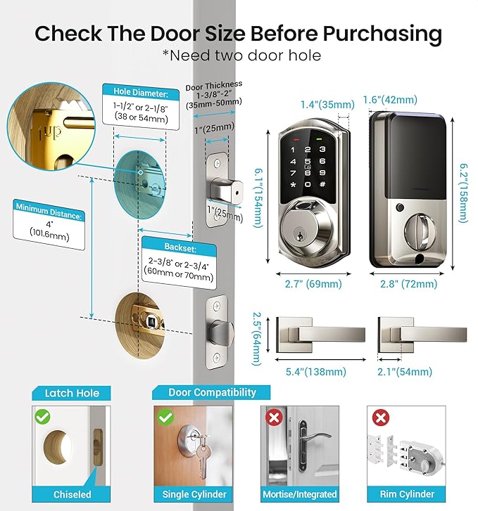 Veise VE07-L Fingerprint Smart Locks for Front Door with 2 Lever Handle Set, App Control, Keyless Entry, Electronic Digital Keypad Deadbolt, Auto Lock, Waterproof, Easy to Install, Satin Nickel
