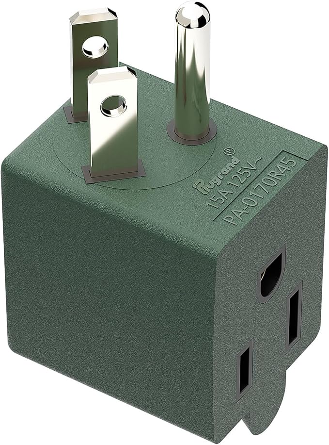 90 Degree Adapter Right Angle USA 3-Prong Male-Female Adapter, 5-15P to 5-15R Direction Changer, Green PA-0170R45G