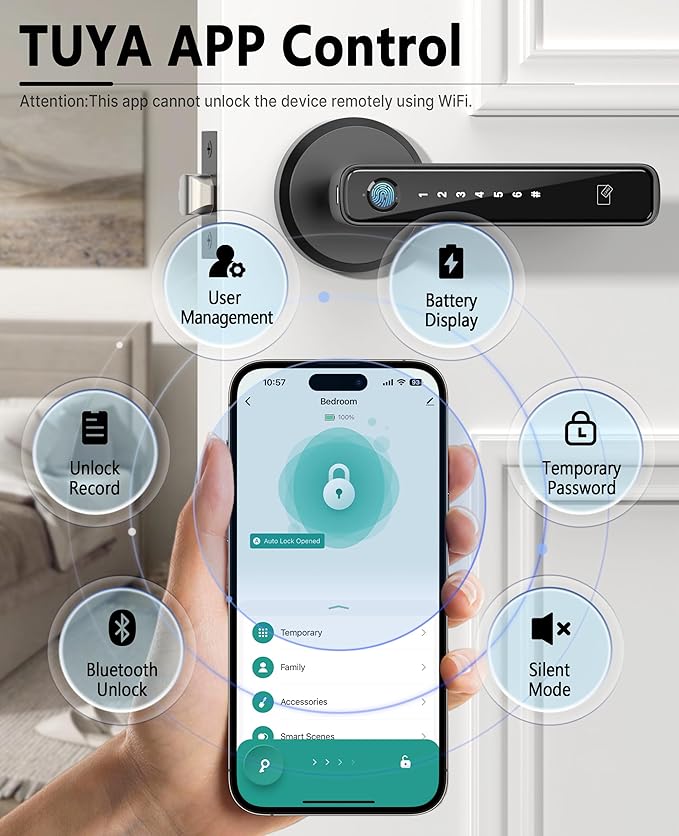 Asidrama Smart Fingerprint Door Lock with Keypad Handle - Keyless Entry via Biometric, APP, Code, Keys & Card for Bedroom, Office, Hotel, Apartment - Black