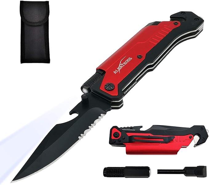 ALBATROSS 6-in-1 Survival Tactical Military Folding Pocket Knives with LED Light,Rope Cutter,Glass Breaker,Magnesium Fire Starter,Bottle Opener;Multi-Function Emergency Tool(Red)