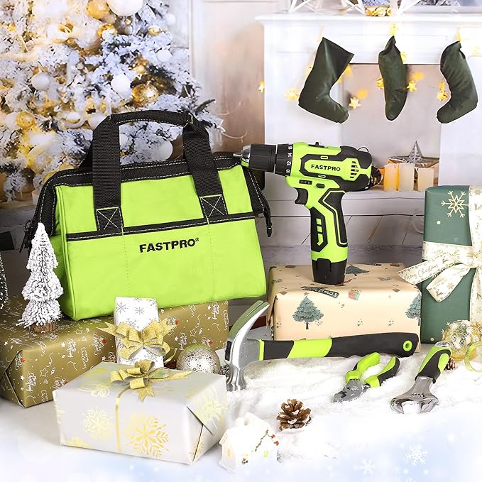 FASTPRO 175-Piece 12V Cordless Drill Set, Drill Driver and Home Tool Kit, House Repairing Tool with 12-Inch Storage Tool Bag, For DIY, Home Maintenance, Green