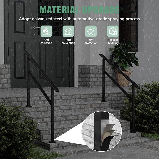 2 Pack Hand Rails for Outdoor Steps,3-4 Step Railing for Stairs,Adjustable Porch Railing,Hand Rails for Seniors,Outdoor Deck Handrails for Exterior Steps,Black