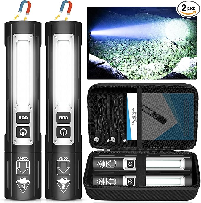 Banral Rechargeable Flashlights High Lumens - Super Bright Small Pocket Magnetic Flashlight, 8 Modes LED Tactical Flash Light, Dual Button Powerful Flashlight for Camping (2, Pure Black)