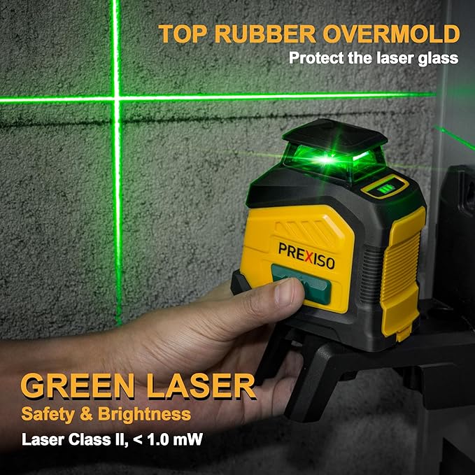PREXISO 360° Laser Level Self Leveling, 100Ft Dual Power Cross Line Laser - Wide Angle Vertical Line for Construction, Floor Tile, Renovation with Magnetic Base, Wall Panel Stand, Carry Bag