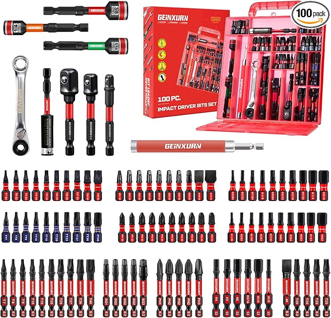100Pieces 1”/2” Impact Screwdriver Bits Set, Magnetic S2 Steel (Phillips/Slotted/Square/Torx/Hex/Security Torx) Driver Bits Tips,Impact Bit Holder and Nut Driver with Red Storage Box Case