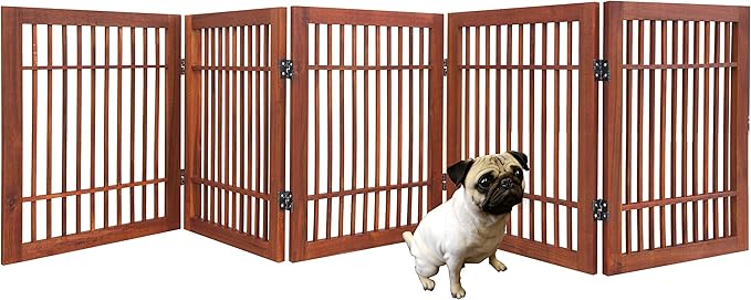 Pet Dog Gate Strong and Durable Freestanding Folding Acacia Hardwood Portable Wooden Fence Indoors or Outdoors by Urnporium (Brown Pet Gate, 5 Panel 24" Tall)