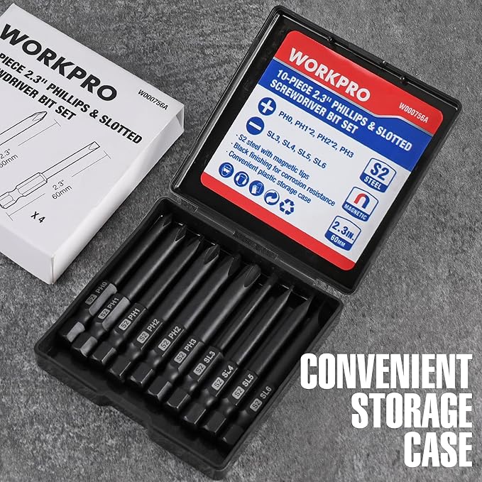 WORKPRO 10pcs Slotted Phillips Screwdriver Bit Set, CNC Machined S2 Steel Magnetic Screwdriver Bits Set, 1/4 Inch Hex Shank Driver Bits, 2.3 Inch Long Screwdriver Bits Set with Storage Box