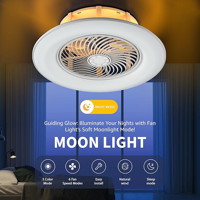 Ceiling Fans with Lights and Remote Control 22 inch with Ambient Light Bladeless Low Profile Ceiling Fan Flush Mount Enclosed Smart Ceiling Fan Light LED Dimmable Lighting (Moonlight Model)