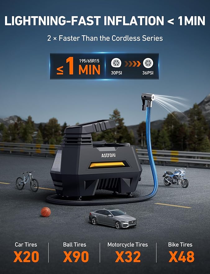 AstroAI Tire Inflator Portable Air Compressor Tire Air Pump for Car Tires - Car Accessories, 9.8Ft Cord 12V DC-Powered Auto Pump with Digital Pressure Gauge, LED Light for Bicycle, Balloons, Yellow