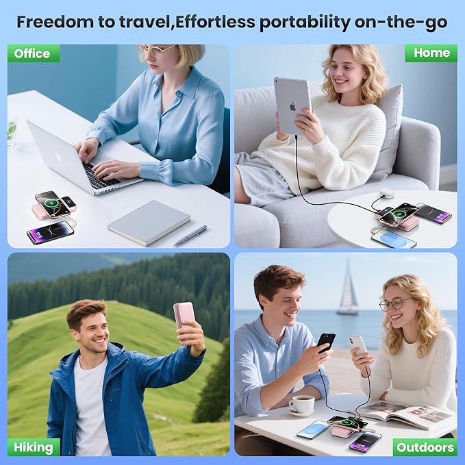 Wireless Portable Charger 40800mAh with Built-in Cables, 15W Wireless Charging USB C Power Bank, 25W PD QC 4.0 5 Outputs TFT LCD Display Battery Pack for iPhone 16/15/14/13/12, Samsung, Android etc