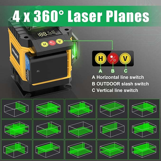 AZZUNO Laser Level 360 Self Leveling Green Beam with LCD Screen, 4x360 lazer leveler tool, Rechargeable Battery & Magnetic Base - Ideal for Construction, Tiling,yellow
