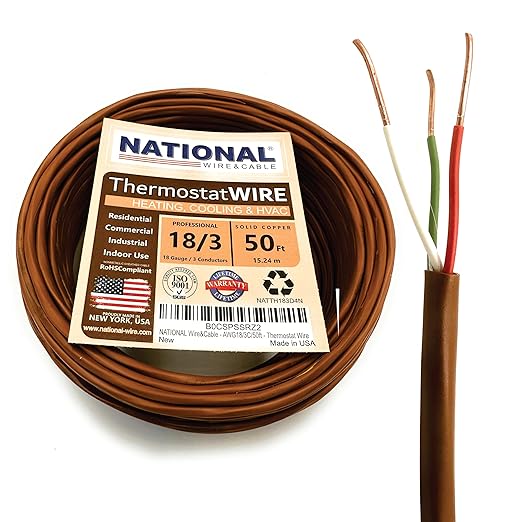 18/3 50Ft. NATIONAL Wire&Cable Thermostat Doorbell HVAC Heating Control Professional Cable Wire - Made in USA - 100% Solid Copper Conductors, CL2 ETL Listed, Low Voltage Applications Use