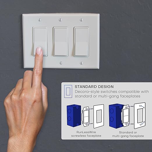 RunLessWire Self-Powered (NO Batteries) Wireless Light Switch & Receiver Kit No WiFi Needed DIY, Remote 150+ft RF Range - 3 Way Simple: 1 Receiver, 2 Switches - White