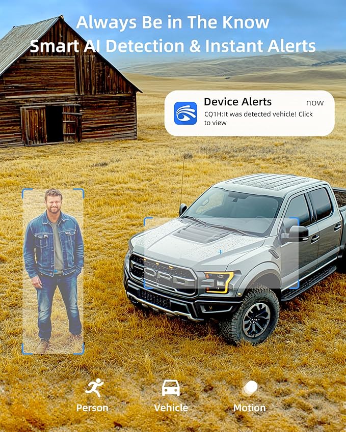 4G LTE Outdoor Solar Powered Cellular Security Camera Wireless, Off-Grid Camera No WiFi Required, 2.5K UHD Color Night Vision, 360° Live View, Local/Cloud Storage, IP66 Weatherproof, SIM Card