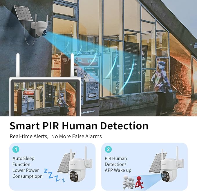 Solar Security Camera System, 10" LCD Monitor 10CH WLAN NVR with 500GB HDD, 4X 4MP PTZ WiFi Battery Powered Surveillance Camera,Outdoor Solar Wireless CCTV Kits,PIR Human Detection/2-Way Talk