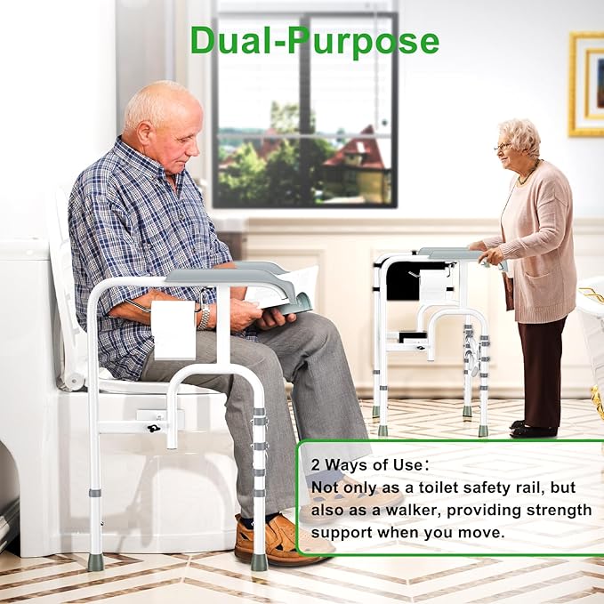 Foldable Toilet Safety Rail for Seniors, Toilet Safety Frame Height Adjustable, Heavy Bathroom Rail with Armrests, Bathroom Safety for Elderly and Disabled(400LBS)