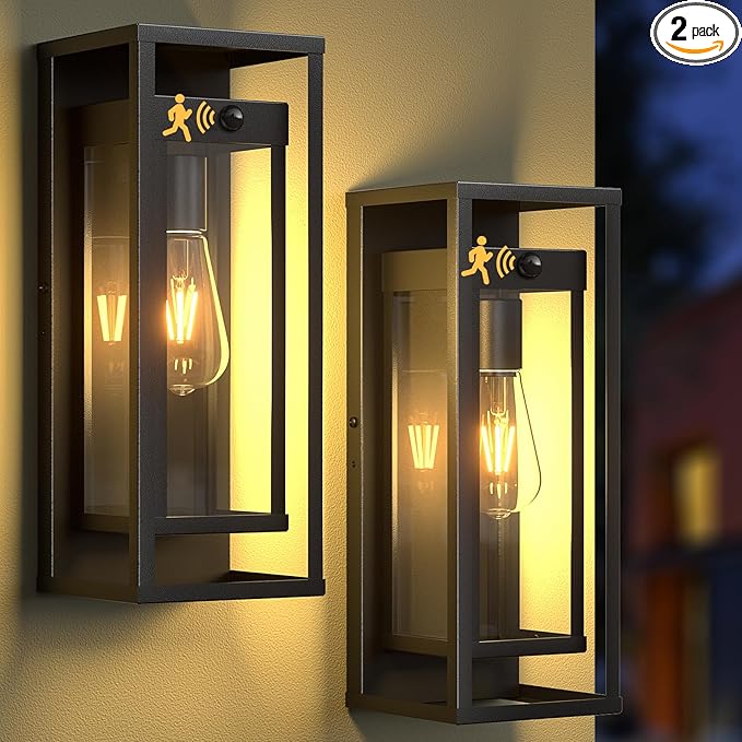 Motion Sensor Outdoor Wall Light 2Pack-15in Modern Dusk to Dawn Porch Sconce Wall Mounted Waterproof Exterior Lighting Fixture E26 Black Lantern for Outside House Garage Entryway