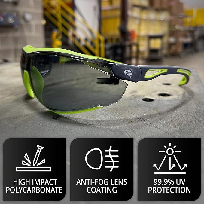 Veratti Encounter Safety Glasses, Anti-Fog Gray Lens, ANSI Z87.1 Certified, Dielectric Gray/Green Frame, Impact Resistant
