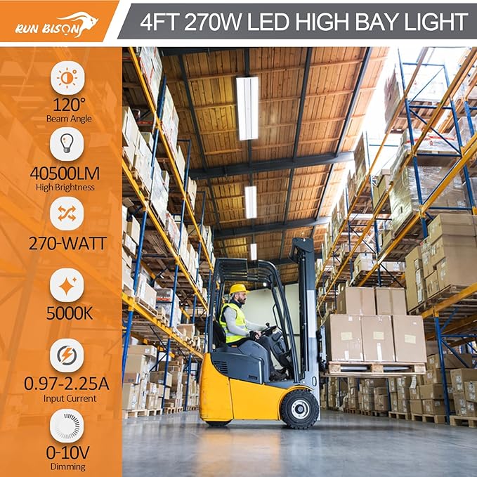 4FT Linear LED Highbay Light, 270W Bay Ceiling Shop Light, 40500LM 150LM/W, 120-277V, 0-10V Dimmable, 5000K Hanging Shop Lights for Warehouse Workshop Garage, UL Listed - 2PK