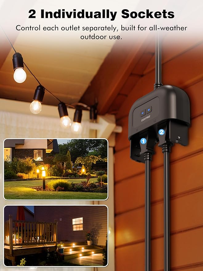 EIGHTREE Outdoor Smart Plug Waterproof IP44, Smart Outlet Plug with 2 Independently Controlled Outlets, Compatible with Alexa and Google Assistant, Voice & Remote Control, Timer&Schedule, 2.4GHz Only