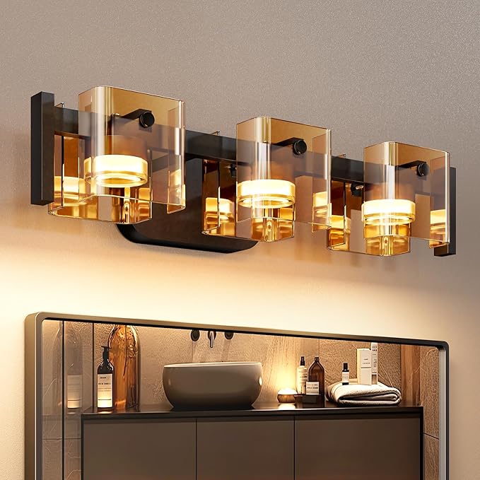 JACKYLED Bathroom Light Fixture, Modern 3-Light Vanity Lights with Art Glass Shades, 3 Color Temperatures LED Bathroom Lighting Fixture Over Mirror, 20W 1200 Lumen 30° Adjustable, Amber Glass