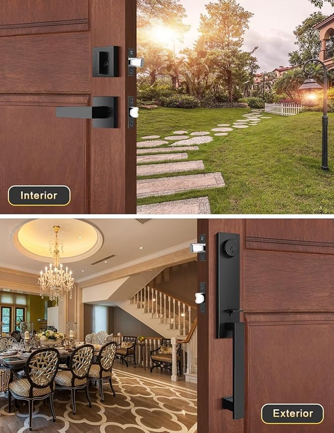 2 Pack Full Escutcheon HandleSet Front Door Entry Handle and Deadbolt Lock Set Slim Square Single Cylinder Deadbolt and Lever Heavy Duty – Matte Black Finish