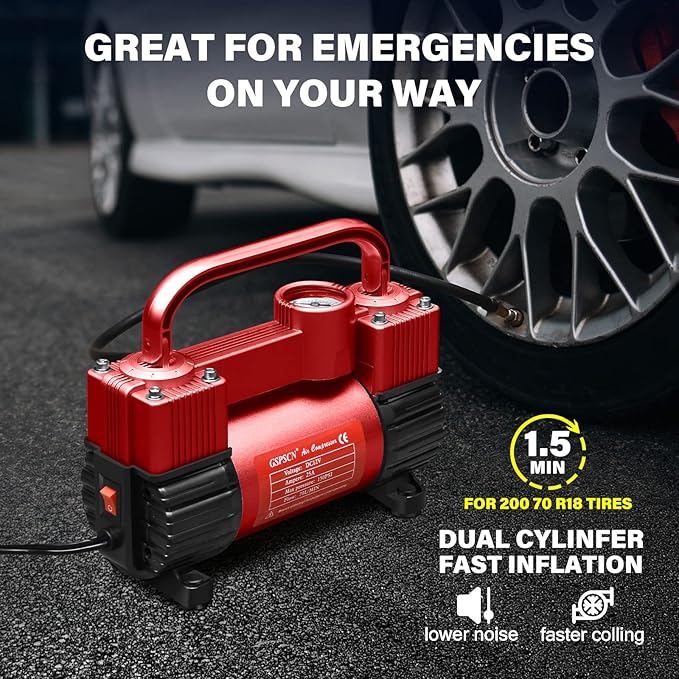 GSPSCN Red Tire Inflator Heavy Duty Double Cylinders, Portable Metal DC 12V Air Compressor - Car Accessories，150PSI Tire Pump with Adapter for Car, Truck, SUV Tires, Dinghy, Air Bed etc