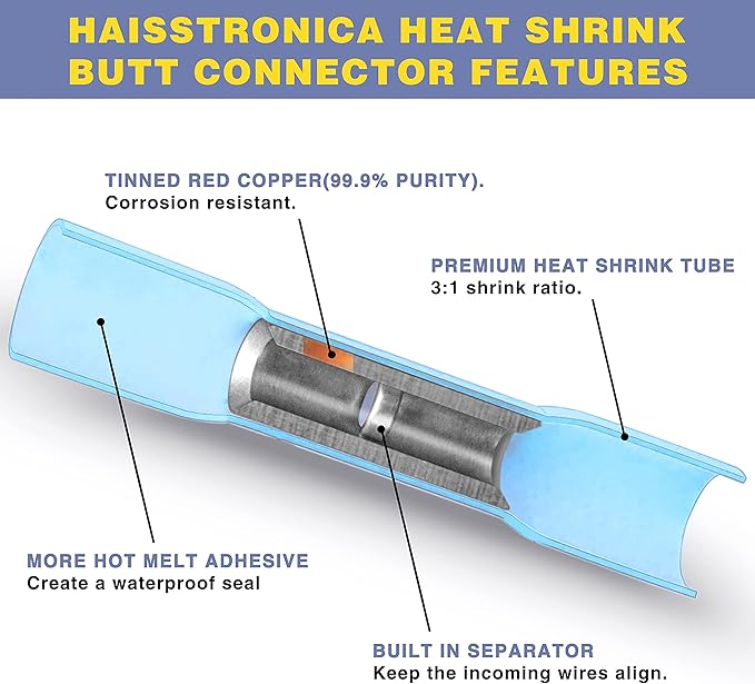 haisstronica Crimping Tool for Heat Shrink Connectors HS-8327 with 200PCS Marine Grade Heat Shrink Butt Connectors of Tinned Red Copper AWG 22-10