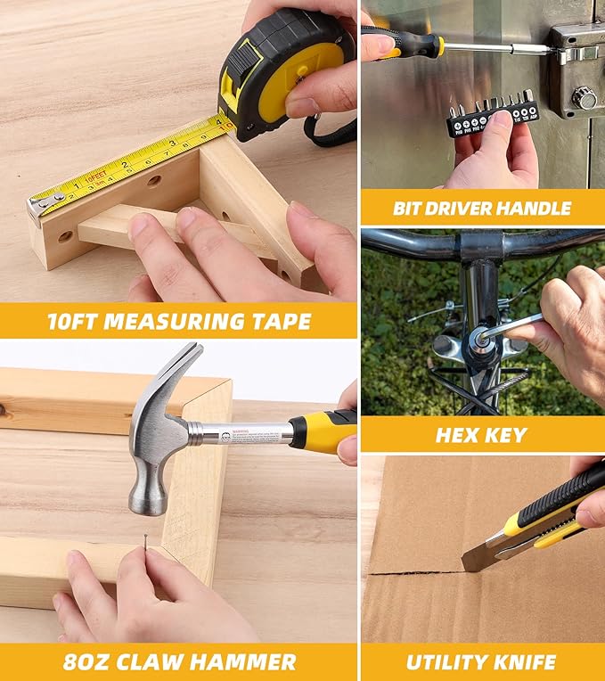 12V Drill Driver Power Tool Combo Kits with Cordless Drill, Professional Household Home Tool Kit Set, DIY Hand Tool Kits for Garden Office House Repair Yellow