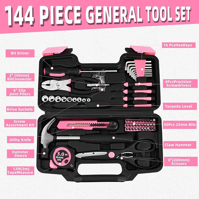 144-Piece Pink Tool Kit Basic Home Repair Tool Set General Household Hand Tool Kit Small Tool Kit with Plastic Toolbox Mini Tool kit for Women, Office & College Repairs