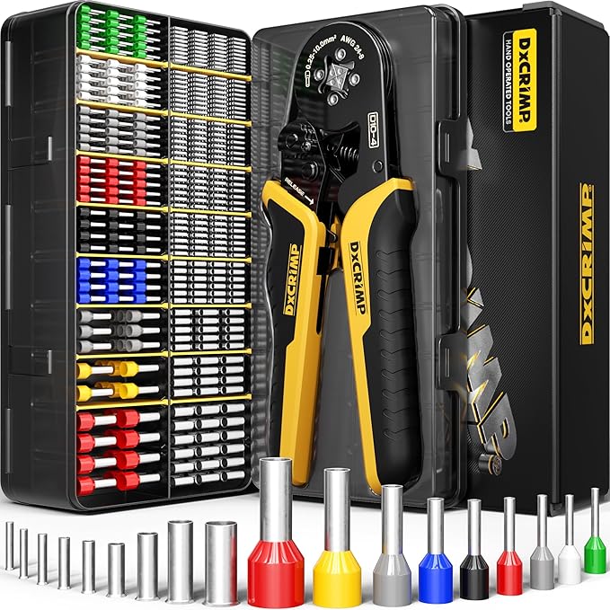 Ferrule Crimping Tool Kit, Ratchet Pliers for 24-8 AWG with 18 Types Insulated and Non-Insulated Ferrules, Self-Adjusting Pliers, Wire Ferrules Kit, Square Crimp Connector Assortment Kit