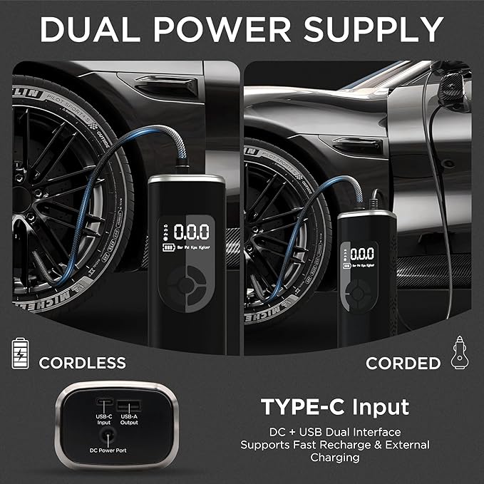 StartPro Tire Inflator Portable Air Compressor, 150PSI Cordless Air Pump, Dual Power Suply, LED Display, Flashlight, Auto Shut-Off, Fast Inflation for Car, Motorcycle, Bike, and Sports Equipment