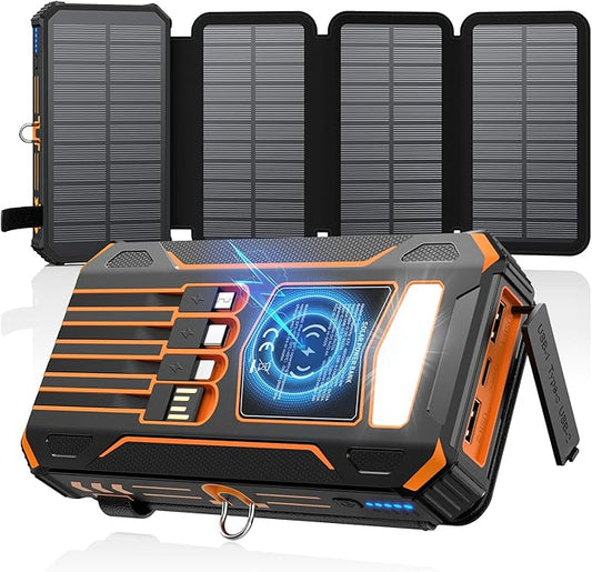 SOARAISE-Solar-Charger-Power-Bank - 48000mAh Wireless Portable Charger Built-in 4 Cables and 4 Solar Panels, PD QC 3.0 Fast Charging USB C Battery Pack with Flashlight for Camping Travel
