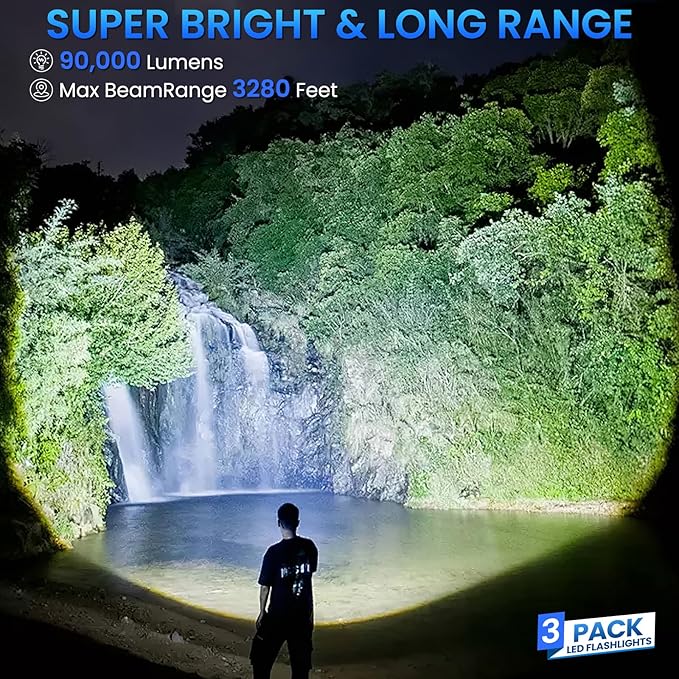 Flashlight Rechargeable 90,000 High Lumens, 3 Pack Led Flash Lights with 5 Modes, Waterproof Handheld Linterna for Camping, Home, Outdoor