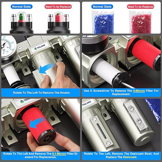 TAILONZ PNEUMATIC 0-240PSI 1/2 Inch NPT Grade Three Stage Industrial Air Drying System, Particulate Filter, Coalescing Filter, Desiccant Dryer and Air Regulator (Automatic Drainage）