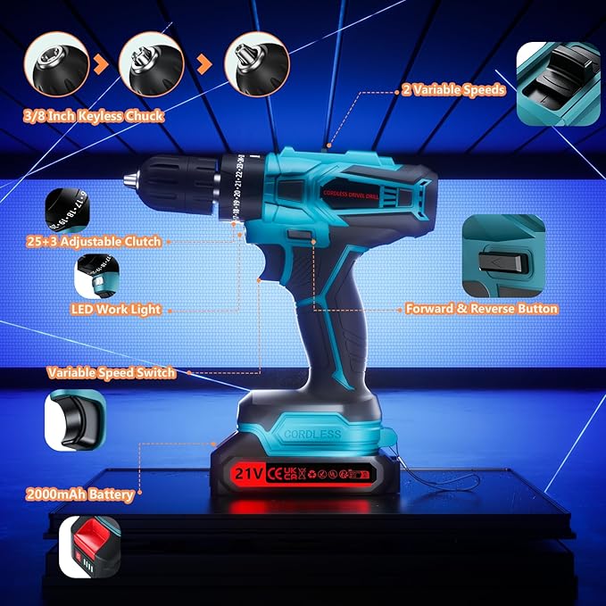 Cordless Drill with 2 Batteries and Charger, 21V Electric Drill Cordless, Portable Power drill Set, 3/8" Keyless Chuck, 2 Variable Speed, 25+ 3 Clutch, 398 In-lb Max Torque