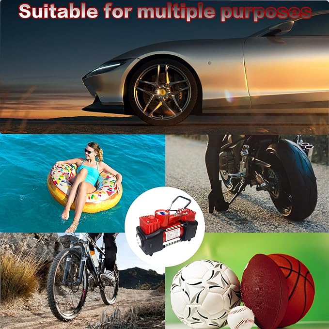 YUNGTEE Red Tire Inflator Heavy Duty Double Cylinders Direct Drive Inflation Pump,12V Portable Air Compressor Pump with LED Light-Digital Pressure Gauge 150PSI Tire Pump,Apply to Car,SUV,Air Bed