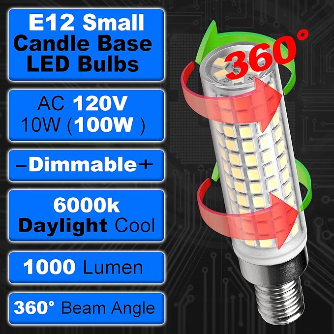 Dimmable E12 C7 LED Candelabra Light Bulb 10W Equivalent 100W 6000K Daylight White 1000 Lumen E12 T6 LED Candle Bulbs for Home Decorative Ceiling Fan Chandelier Pendant Lighting Salt Lamp,3Pack