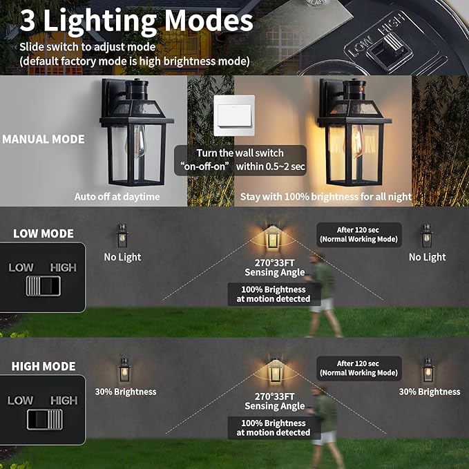 Motion Sensor Outdoor Wall Lights, Porch Light Outdoor 3 Lighting Modes, Dusk to Dawn Exterior Light Fixture, Waterproof, Outside Lights for House Front Door Patio Garage 1 Pack (Black)