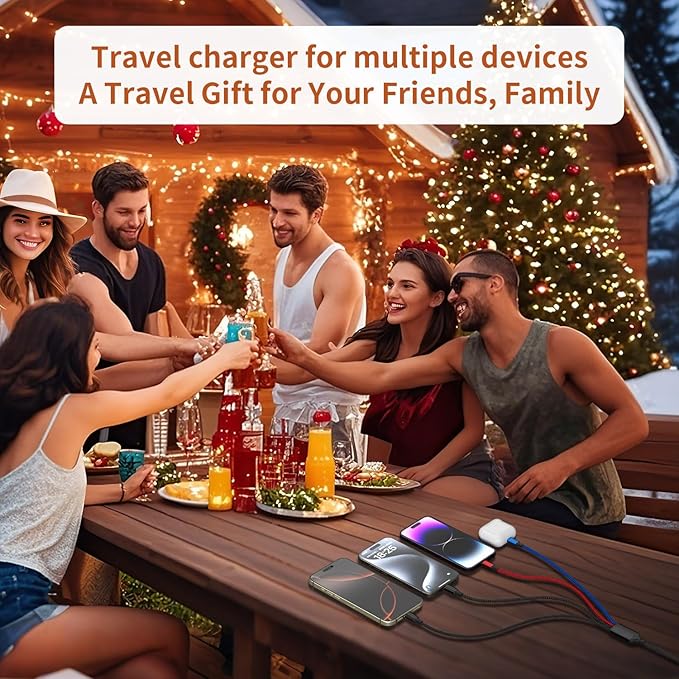 Travel Essentials, Dual Type-C 4 in 1 Multi Charging Cable for Multiple Devices, USB Cables Universal Phone Charger Cord with IP/Micro/2 USB-C Port for iPhone17/16/15/14, Android Tablet Pad, 2Pack 5FT