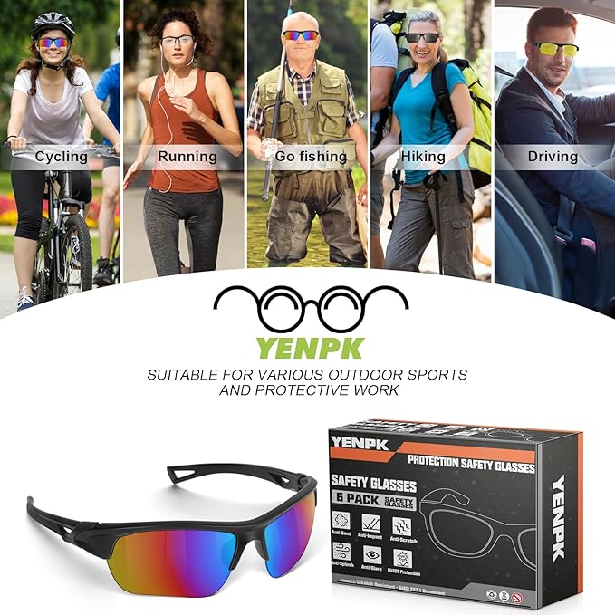 6 Pack Safety Glasses, UV Protective Eyewear, ANSI Z87.1 Impact Resistant Anti-Scratch Safety Goggles for Men Women