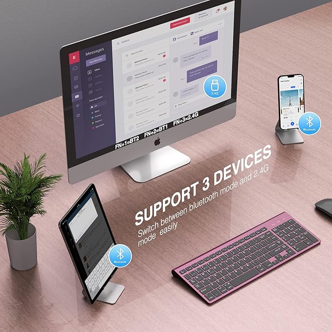 JOYACCESS Bluetooth Keyboard,Multi-Device (2.4G+BT3.0+BT5.0) Wireless Bluetooth Keyboard Compatible with iMac/Mac,MacBook,Laptop,Android,Windows-Wine Red